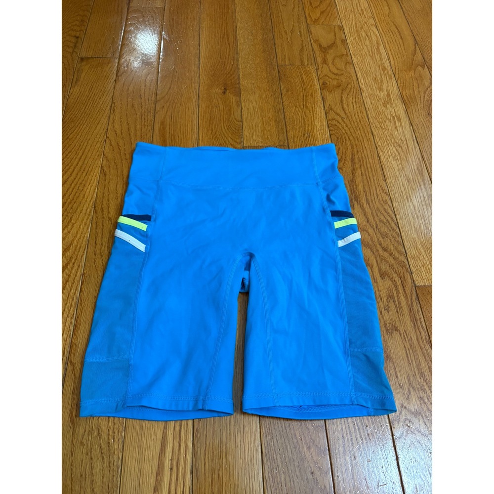 Fabletics Motion365 Blue High Waisted Biker Shorts with Pockets Mesh Trim Size L